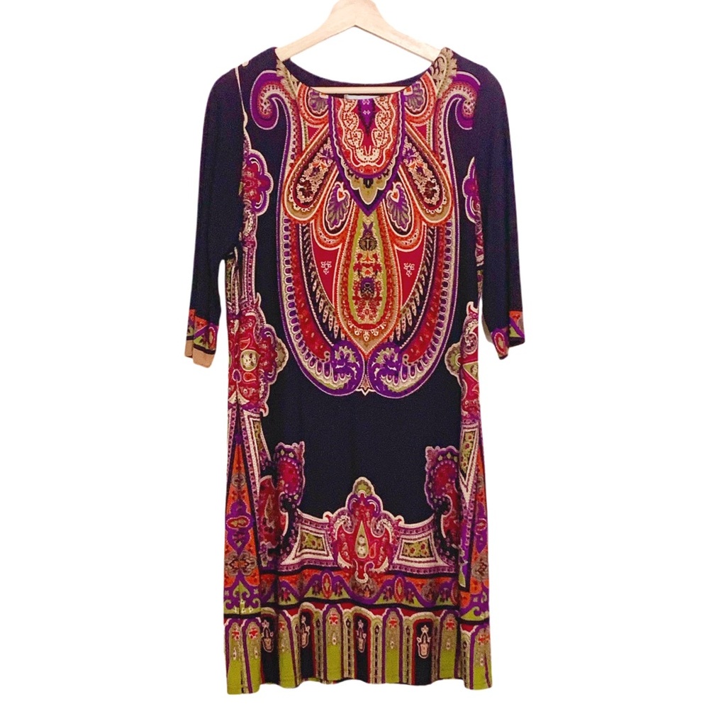 Sandra Darren Retro 60s Tunic Sheath Purple Black Paisley Travel Dress Size 10